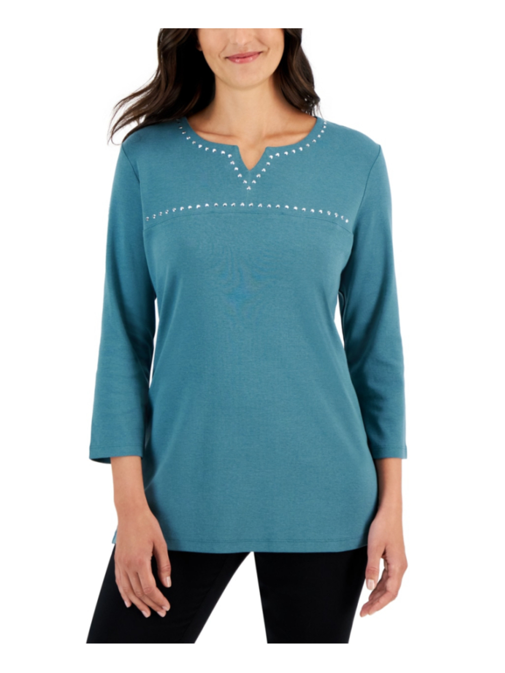 Karen Scott Women's Medium Embellished 100% Cotton 3/4 Sleeve Top Teal Blue NWT